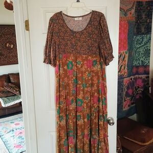 NATURAL LIFE Brown Maxi Dress with Pink and Teal Floral Print